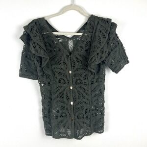 Indigo Thread Crochet Top sz S Olive Green Ruffles Forest Fairy Cottage Boho